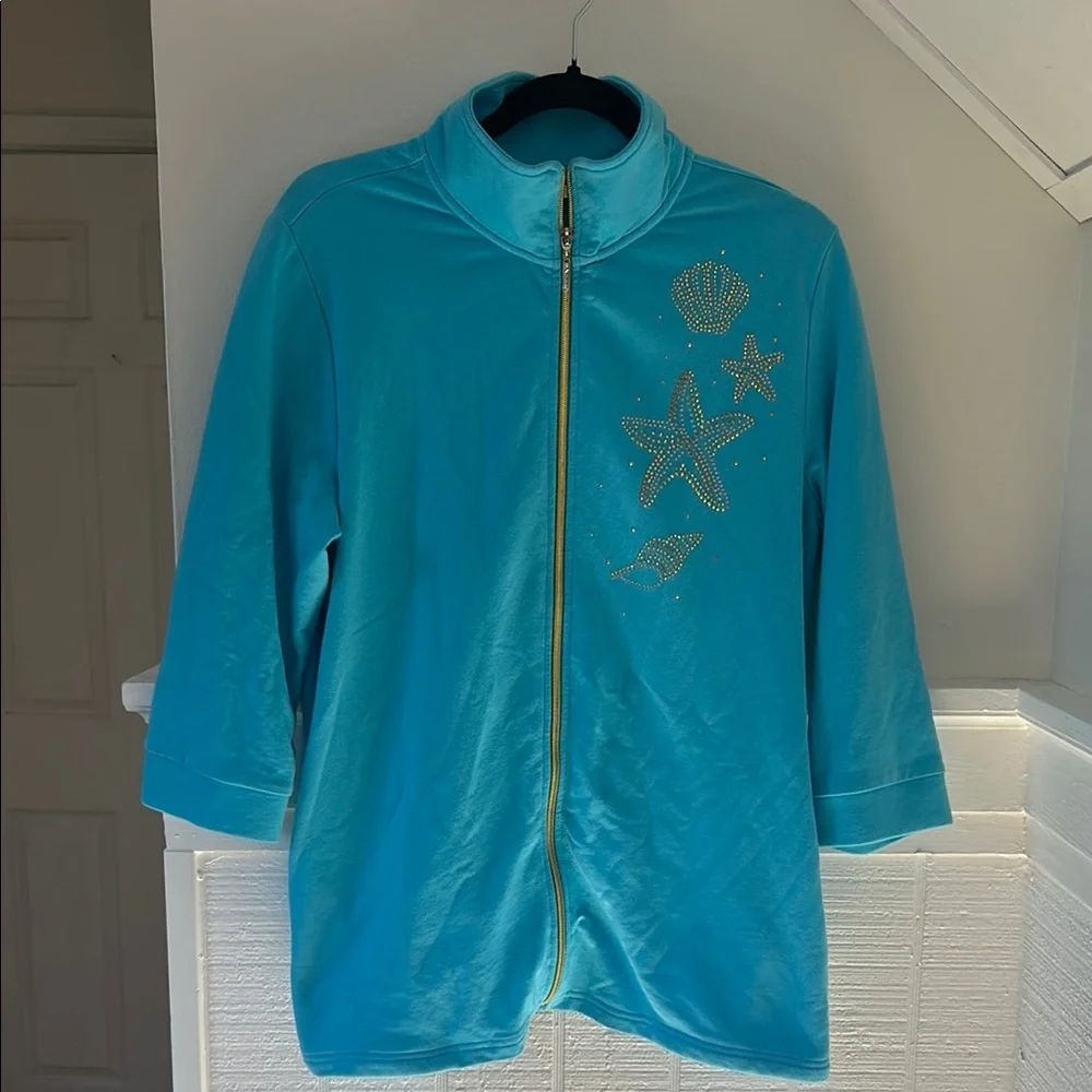 The Quacker Factory Blue 3/4 Sleeve Jacket with Gold Sequin Starfish Medium